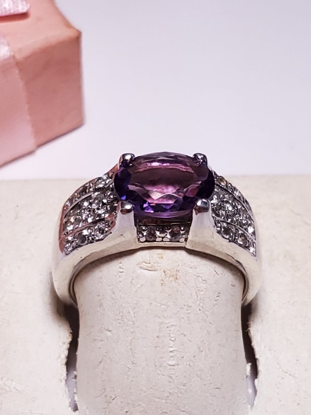 Estate 3ctw Natural Oval Amethyst & White Topaz Sterling Silver S-8.5 Ring#24392